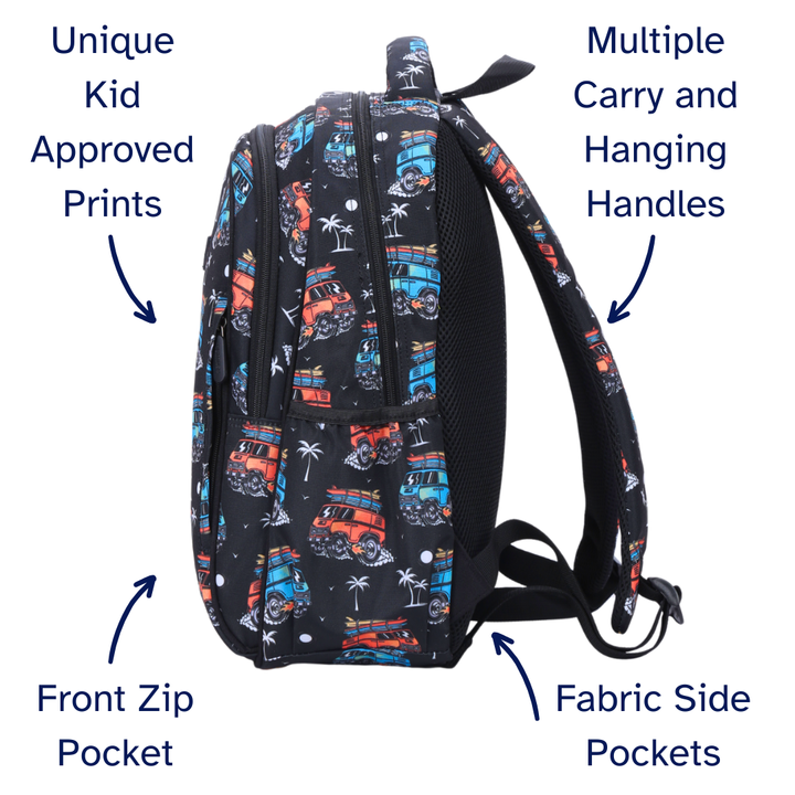 Surf Kombi Midsize Kids Backpack detail shot durable YKK zips and reinforced handle, waterproof kids backpack