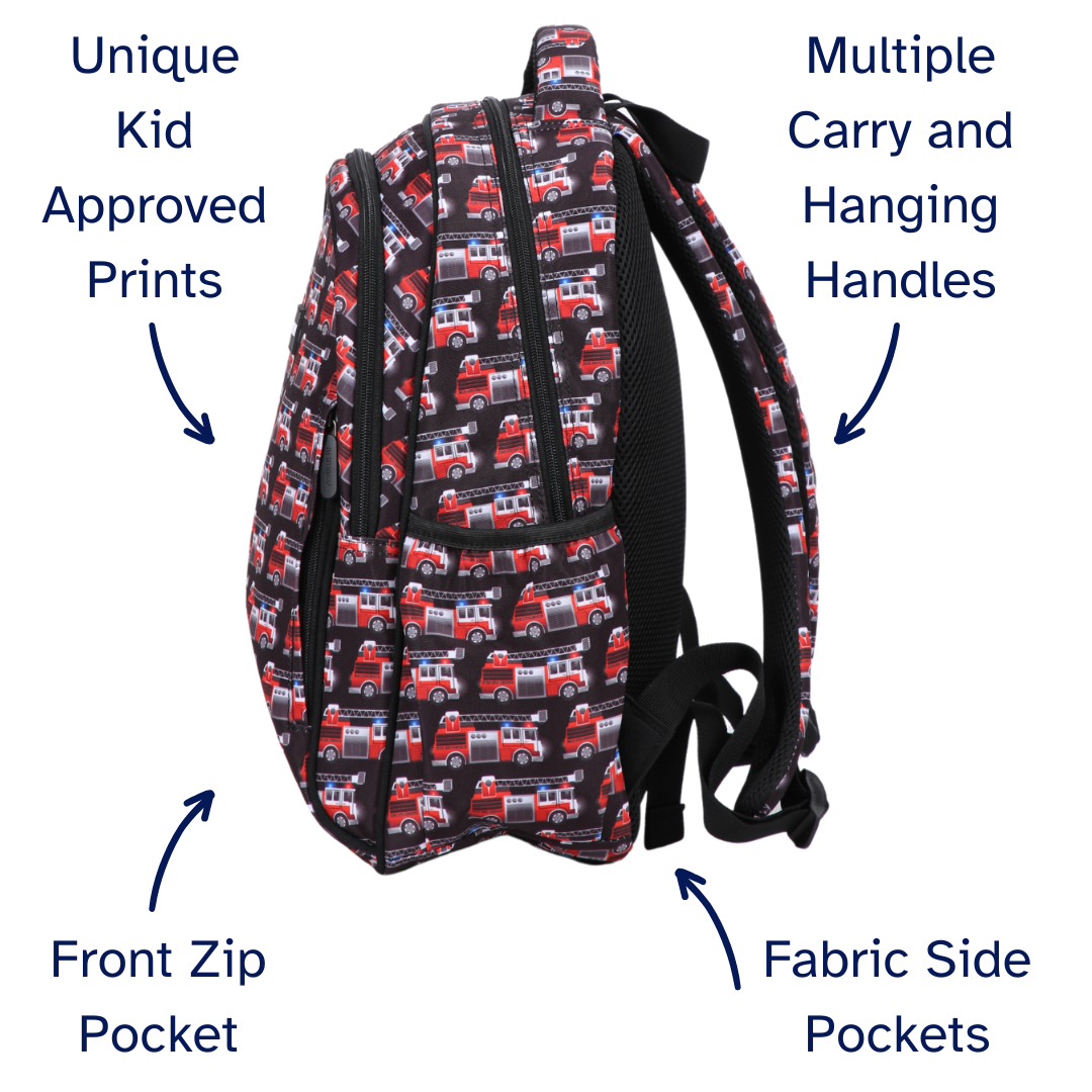 Backpack with fire truck pattern, features highlighted on a white background