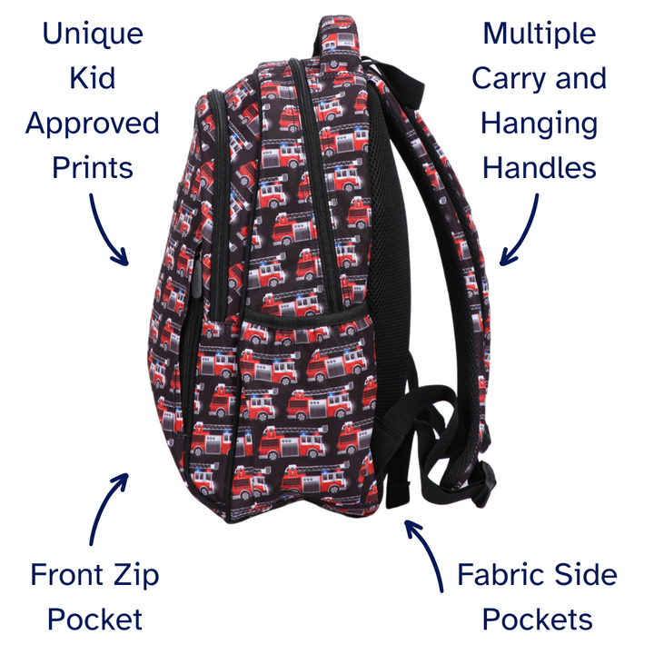 Backpack with fire truck pattern, features highlighted on a white background