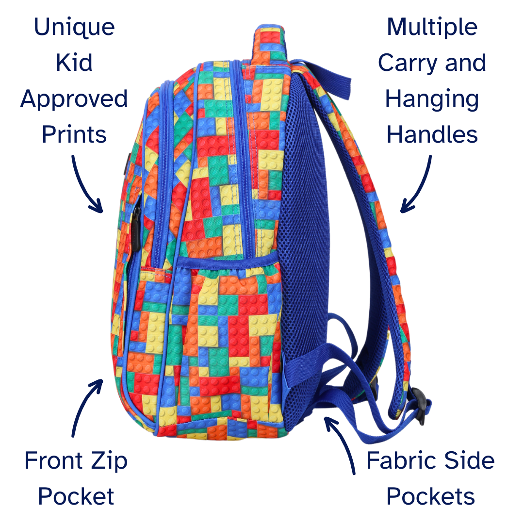 Bricks Colourful Midsize Kids Backpack detail shot durable YKK zips and reinforced handle, waterproof kids backpack
