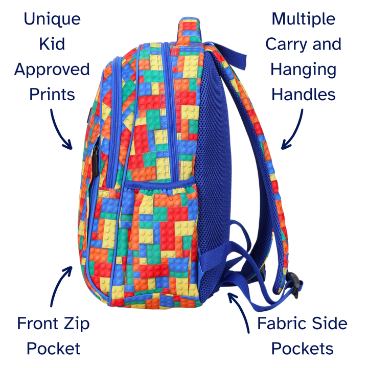 Bricks Colourful Midsize Kids Backpack detail shot durable YKK zips and reinforced handle, waterproof kids backpack