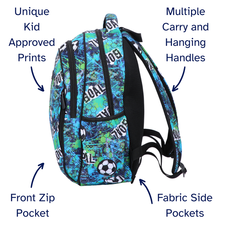 Football Soccer Midsize Kids Backpack detail shot durable YKK zips and reinforced handle, waterproof kids backpack