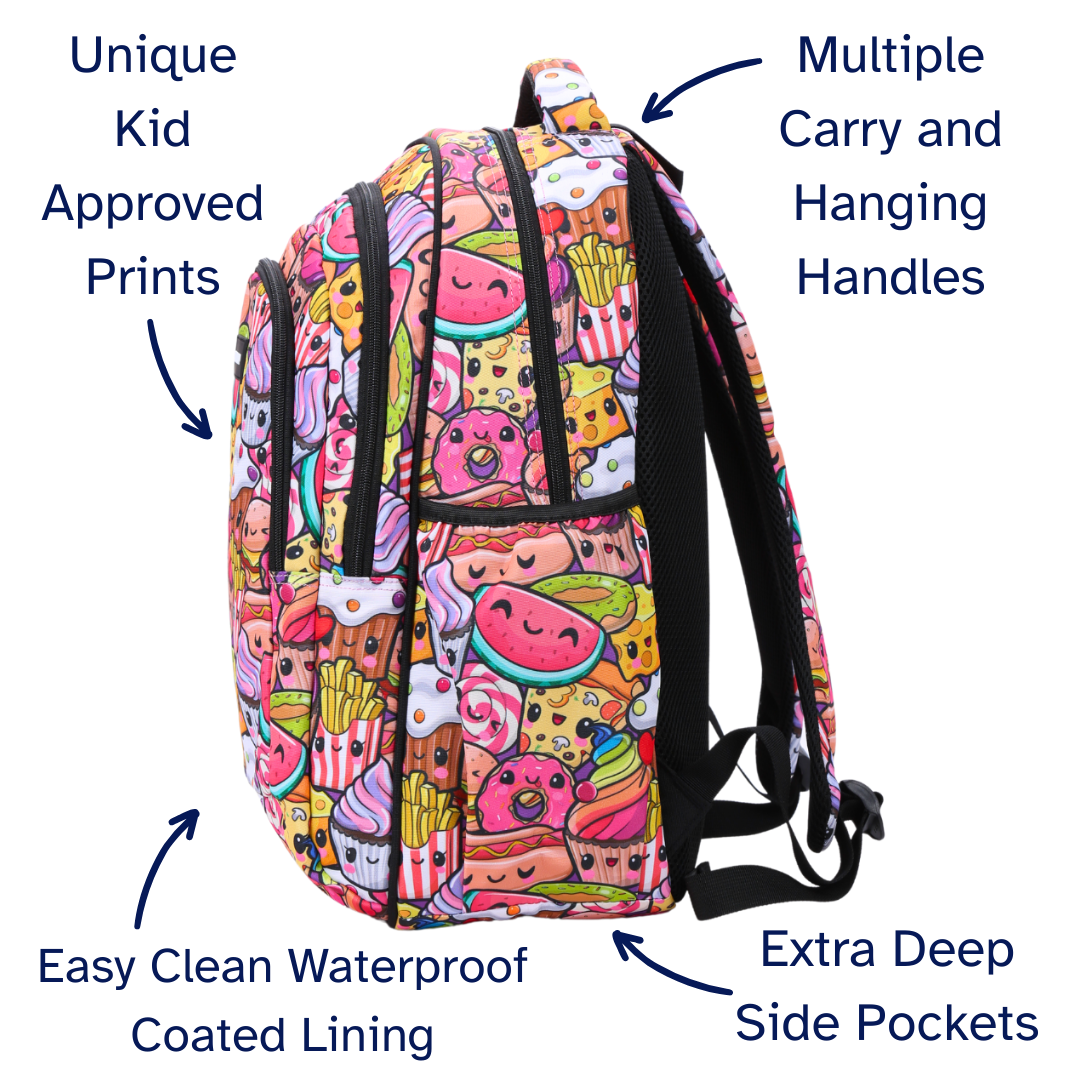 Colorful backpack with cartoon prints, multiple handles, waterproof lining, and side pockets on a white background.