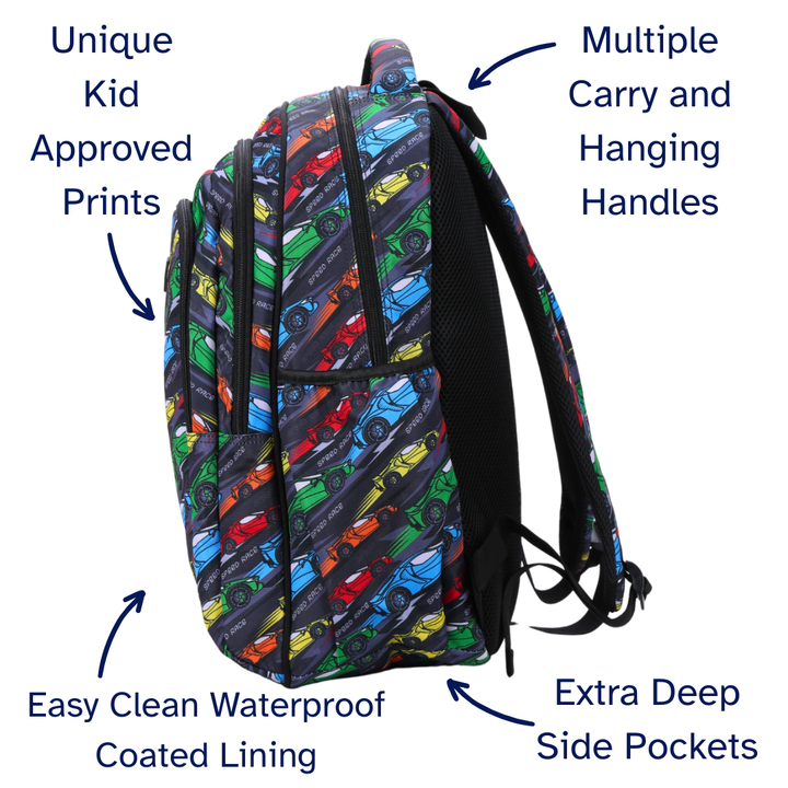 Backpack with colorful car pattern, multiple carry handles, waterproof lining, and side pockets on a white background.