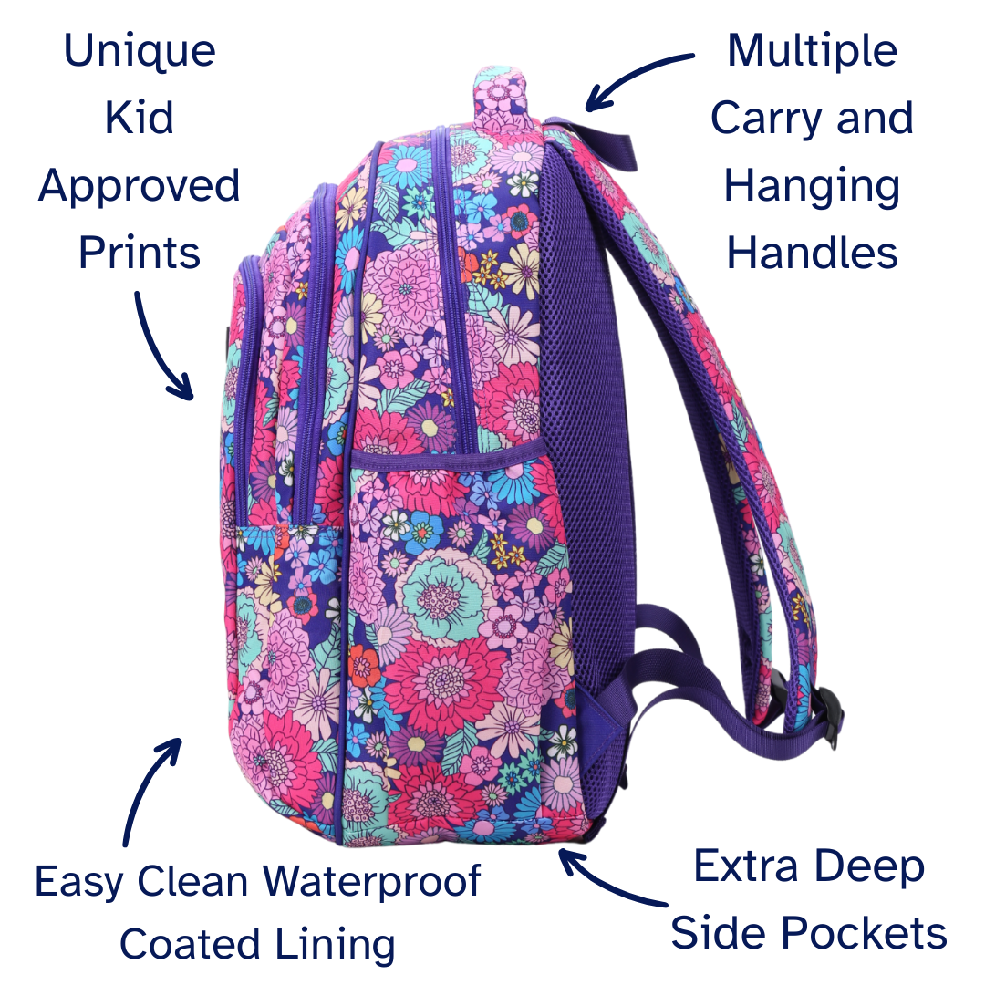 Colorful floral-patterned backpack with text highlighting features on a white background