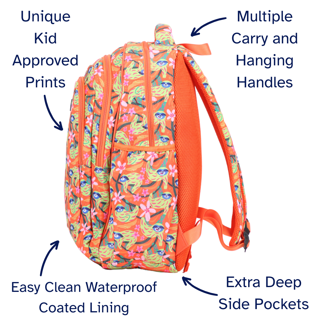 Colourful backpack with features highlighted on a white background