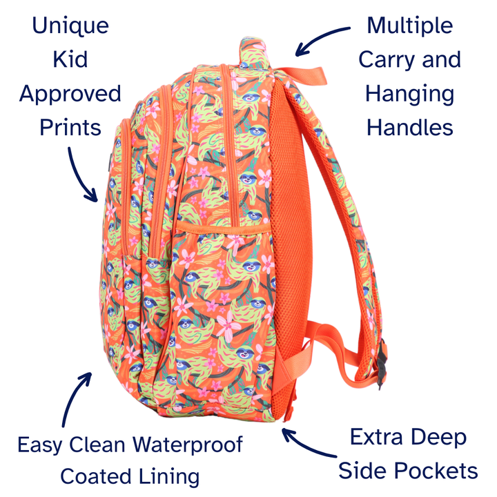 Colourful backpack with features highlighted on a white background