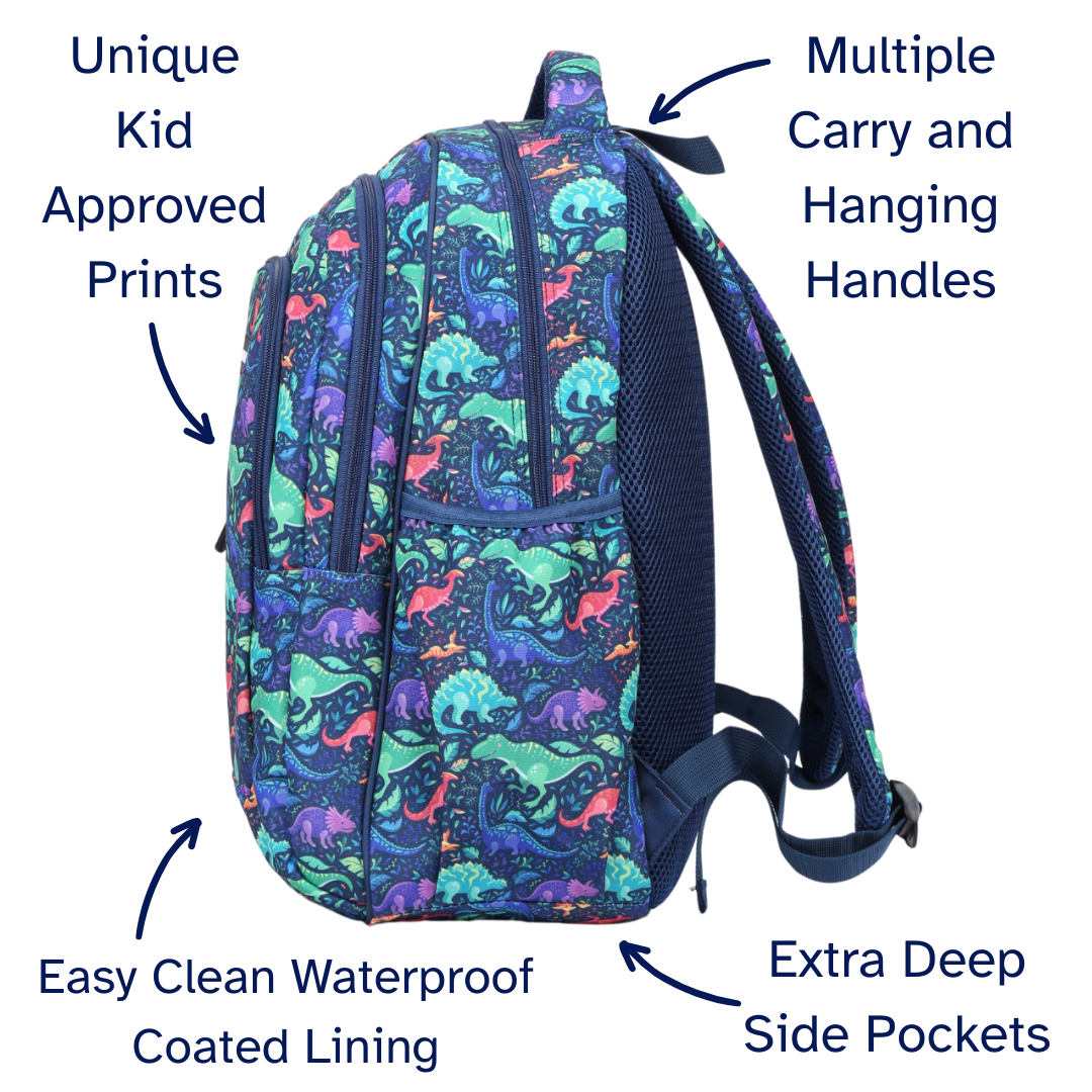 Close-up of Dinosaurs Large School Backpack Easy clean waterproof lining and durable fabric