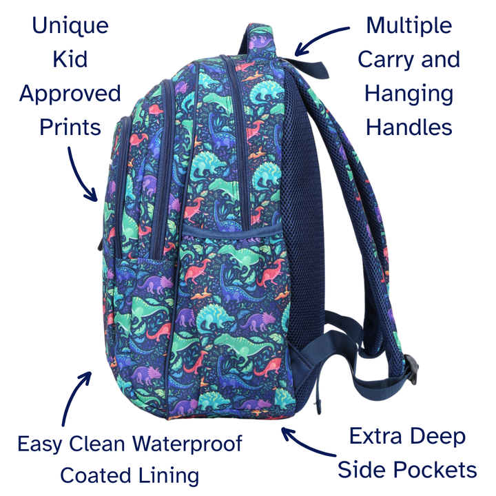 Close-up of Dinosaurs Large School Backpack Easy clean waterproof lining and durable fabric
