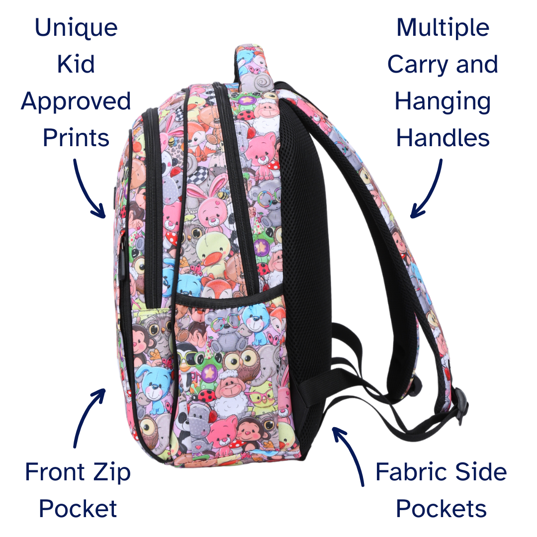 Colorful backpack with cartoon character pattern, multiple carry handles, front zip pocket, and fabric side pockets on a white background.