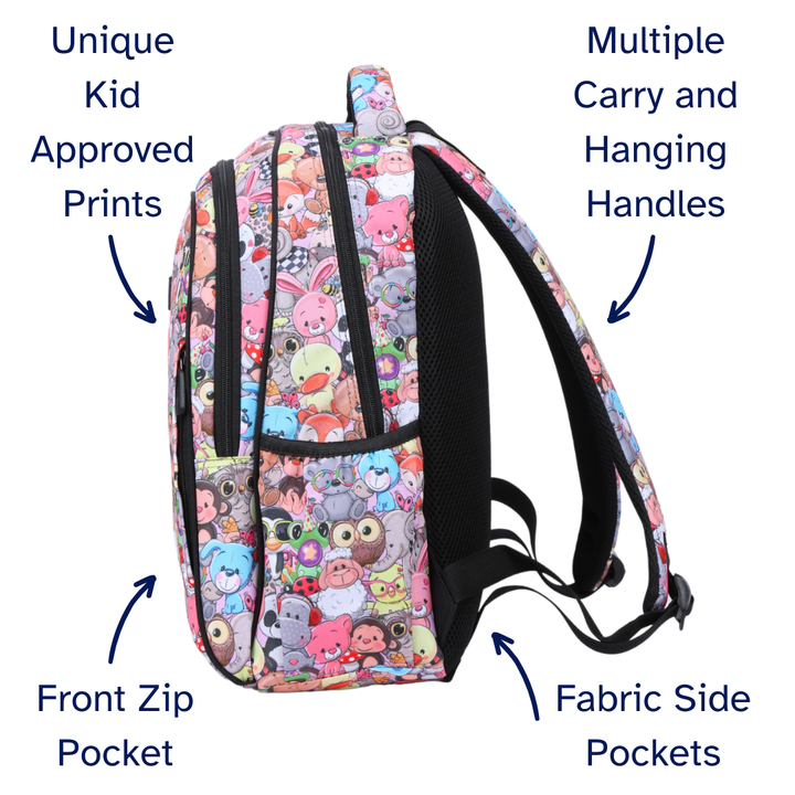 Colorful backpack with cartoon character pattern, multiple carry handles, front zip pocket, and fabric side pockets on a white background.
