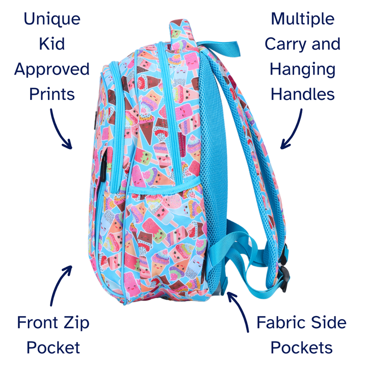 Colorful backpack with ice cream pattern, multiple carry handles, front zip pocket, and fabric side pockets on a white background.