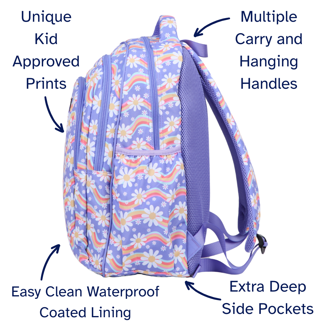 Purple backpack with floral and rainbow pattern, labeled features on a white background