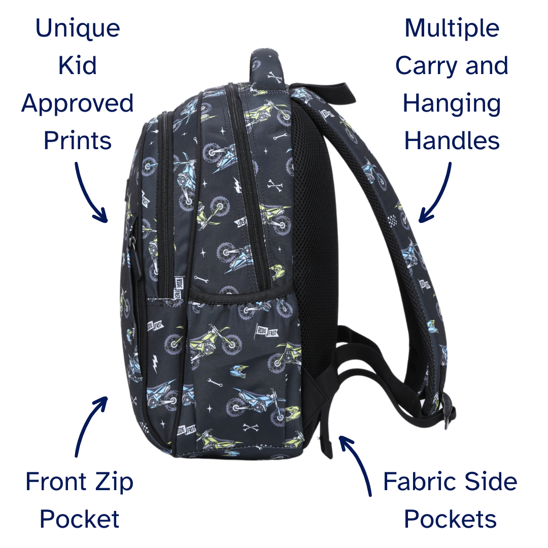 Motorcross Midsize Kids Backpack detail shot durable YKK zips and reinforced handle, waterproof kids backpack