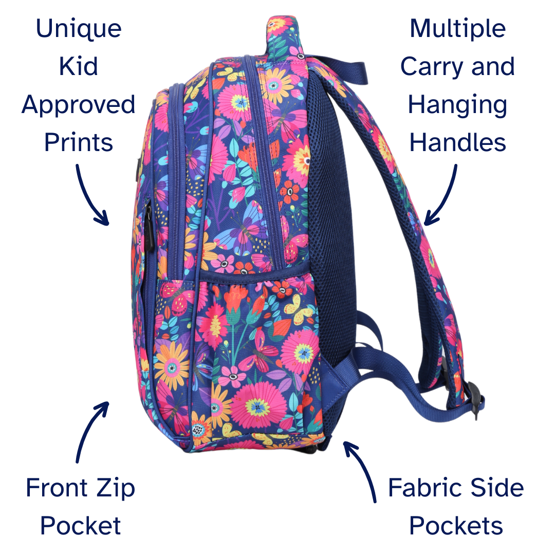Blooms & Butterflies Midsize Kids Backpack detail shot durable YKK zips and reinforced handle, waterproof kids backpack