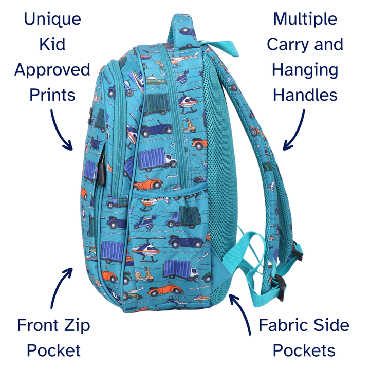 Transport Midsize Kids Backpack detail shot durable YKK zips and reinforced handle, waterproof kids backpack
