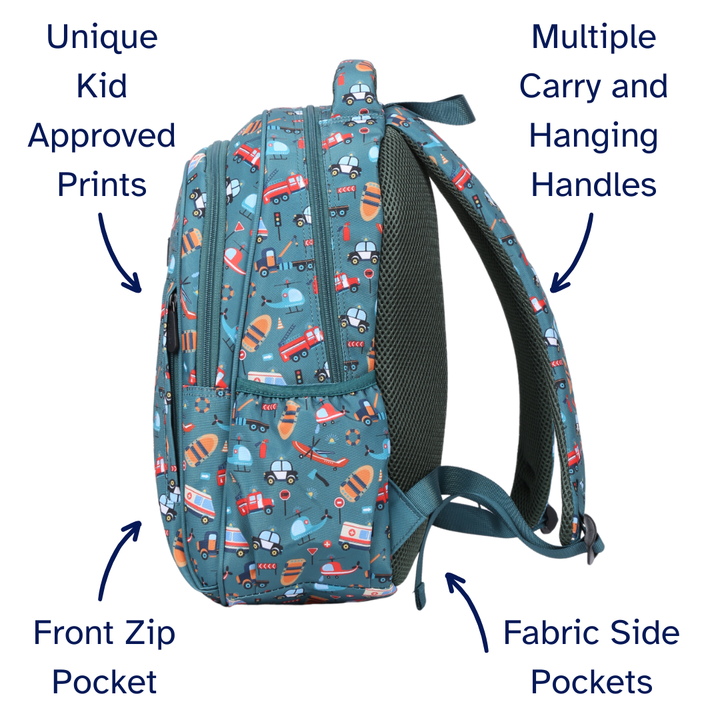 Rescuers Midsize Kids Backpack detail shot durable YKK zips and reinforced handle, waterproof kids backpack