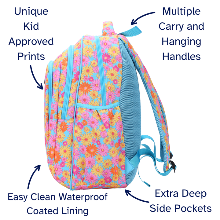 Floral backpack with features highlighted on a white background