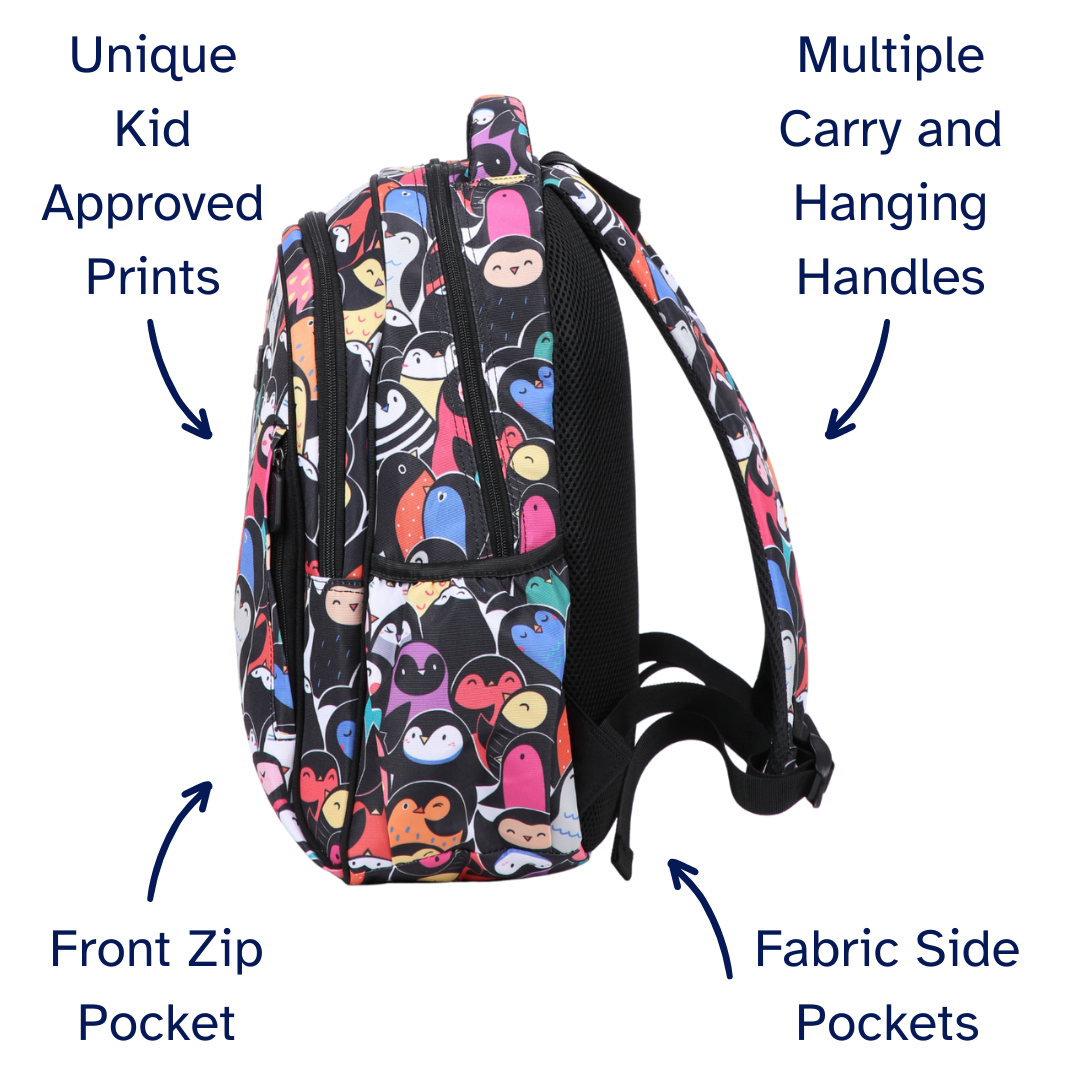Backpack with colorful animal pattern, multiple carry handles, front zip pocket, and fabric side pockets on a white background.