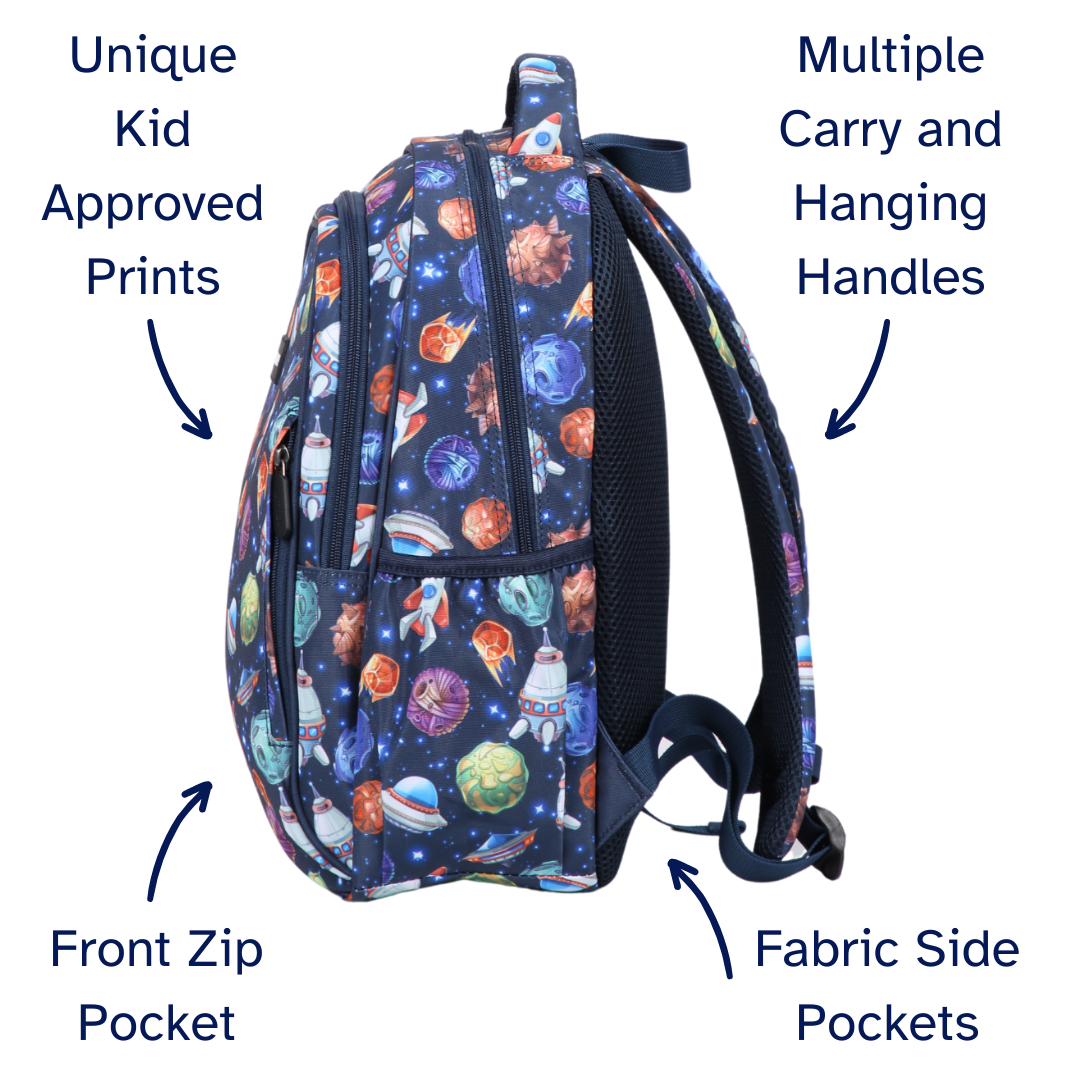 Backpack with space-themed design, multiple carry handles, front zip pocket, and fabric side pockets on a white background.