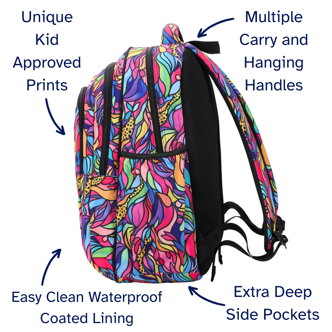 Angled view of Amazon Large School Backpack Lightweight yet strong with YKK zips