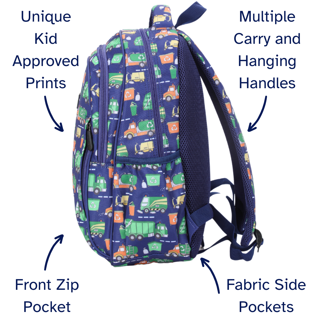 Blue Bin Trucks Midsize Kids Backpack detail shot durable YKK zips and reinforced handle, waterproof kids backpack
