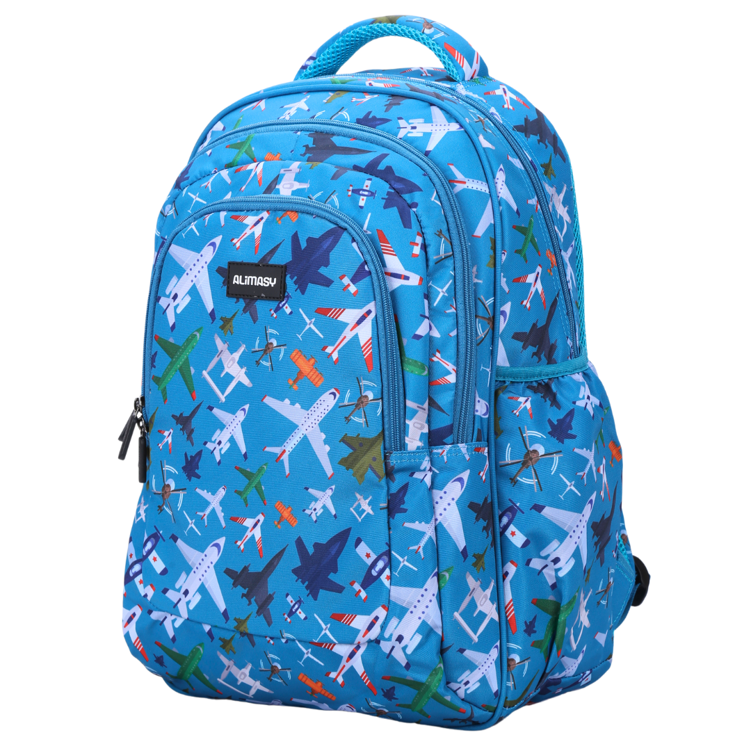 Angled view of Planes & Aircraft Large School Backpack Lightweight yet strong with YKK zips