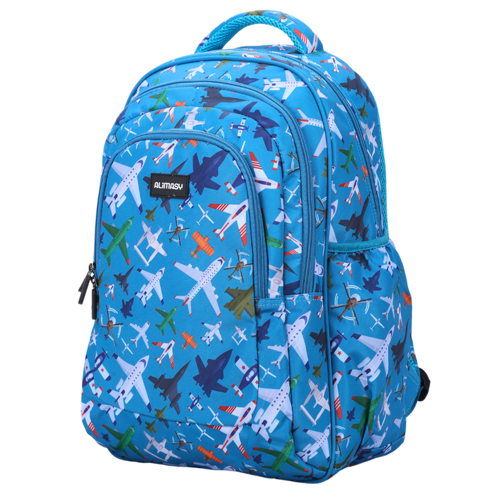 Angled view of Planes & Aircraft Large School Backpack Lightweight yet strong with YKK zips