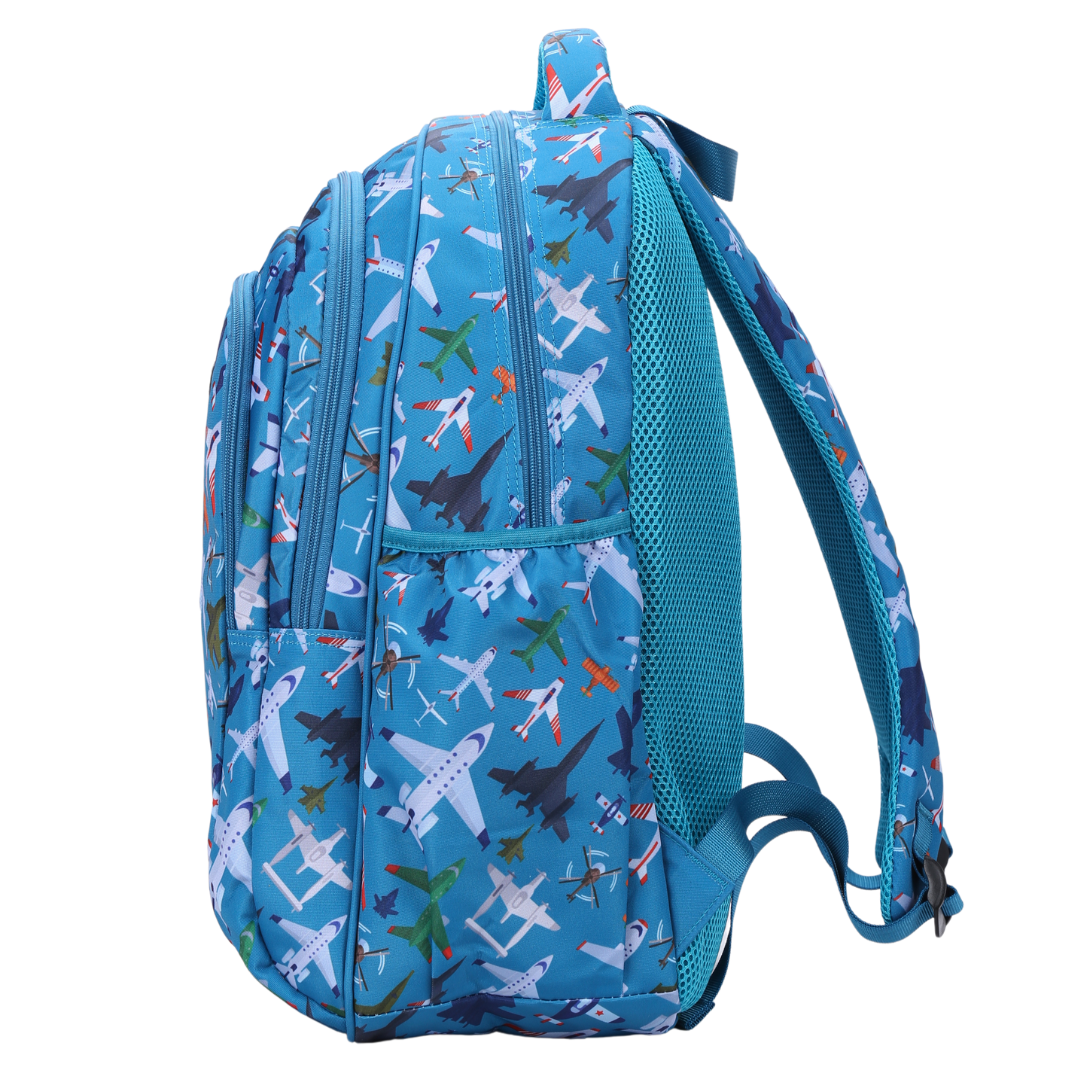 Side view of Planes & Aircraft Large School Backpack Deep side pockets and multiple carry handles