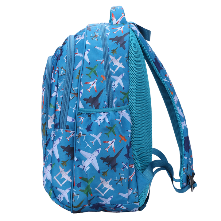 Side view of Planes & Aircraft Large School Backpack Deep side pockets and multiple carry handles