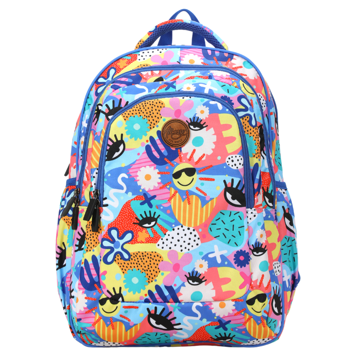 Front Image of the All the Hype School Backpack with a colourful print by debbie mcnaughton