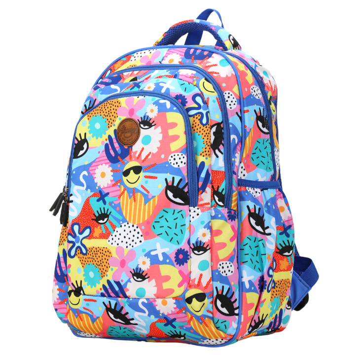 All the Hype Print backpack with sunshine, eye design and multiple different colours with a blue trim and zipsurs