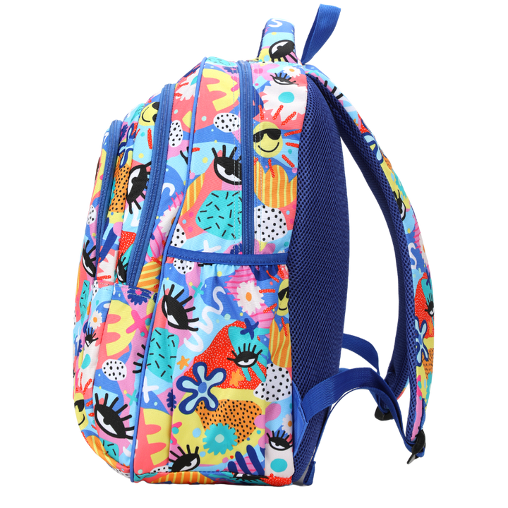 Side view of the colourful blue theme school bag with the all the hype print. shows the adjustable shoulder straps spaced away form the bag.