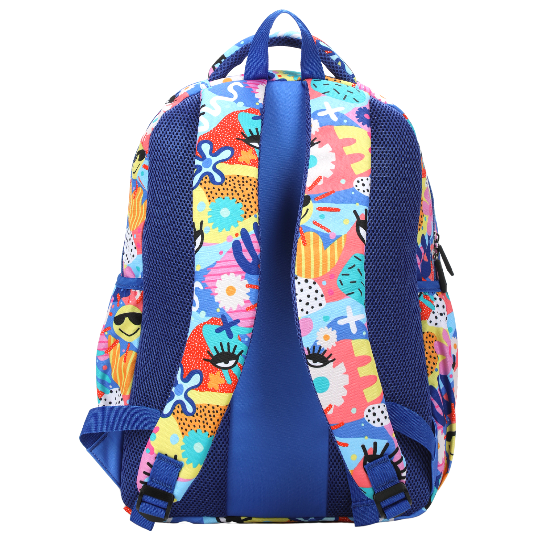 Back rear view of the all the hype alimasy backpack with blue padded back cushions and colourful shoulder straps.