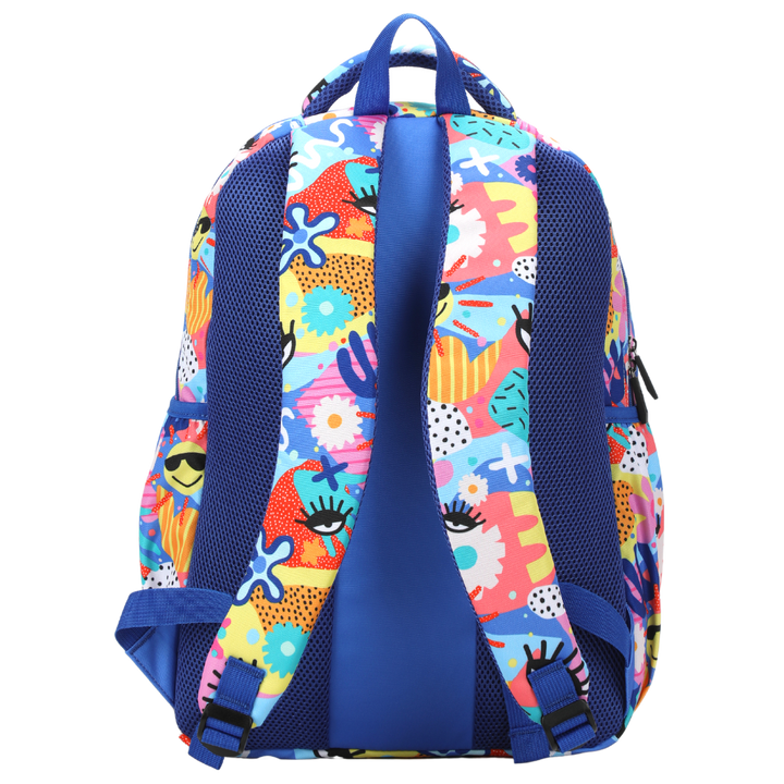 Back rear view of the all the hype alimasy backpack with blue padded back cushions and colourful shoulder straps.
