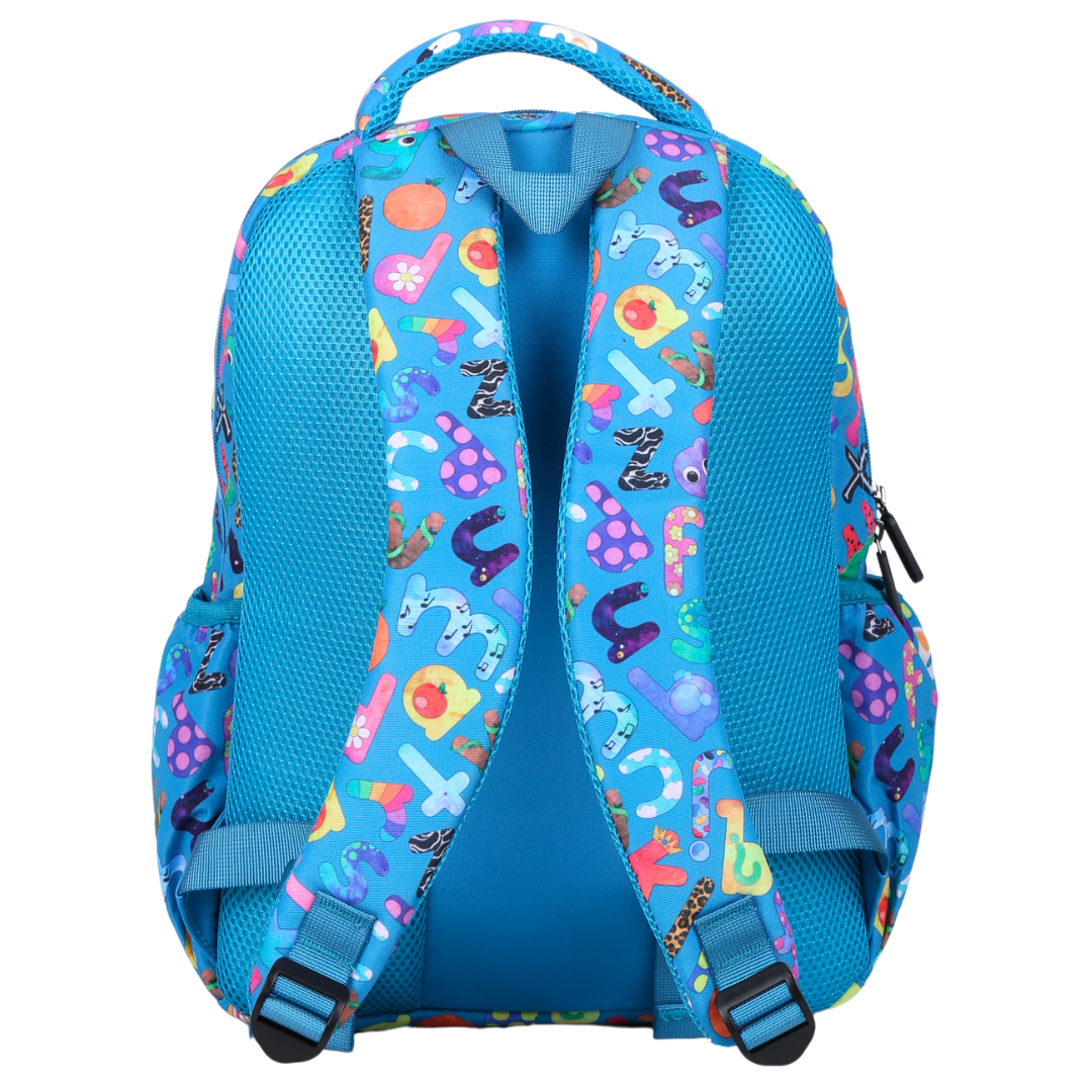 Alphabulous Midsize Kids Backpack back view ergonomic padded straps and back, comfortable waterproof kids school bag