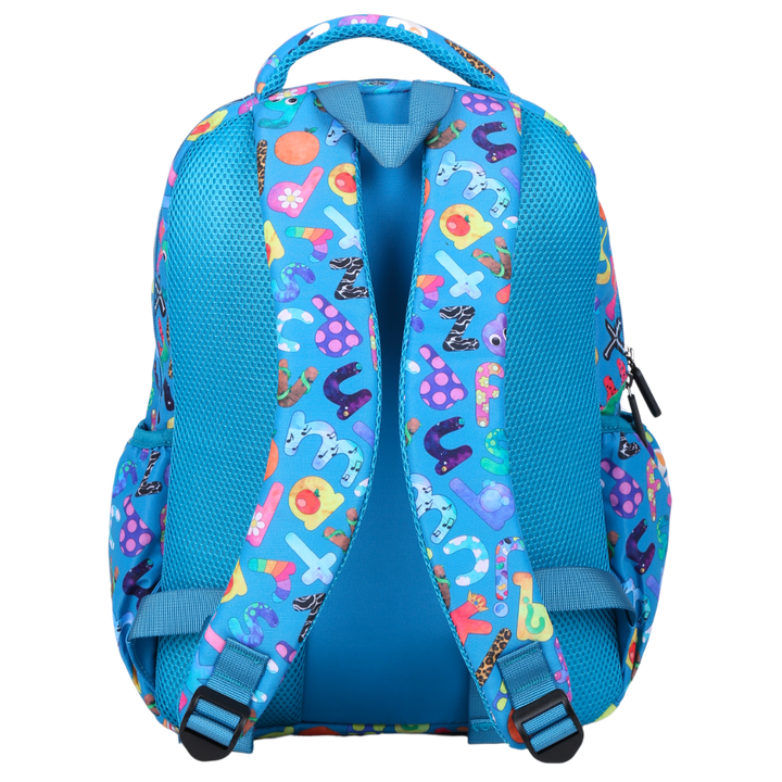 Alphabulous Midsize Kids Backpack back view ergonomic padded straps and back, comfortable waterproof kids school bag