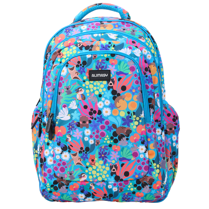A large school backpack with a vibrant multicolored animal print and blue trim. The backpack features multiple compartments, side pockets, and is shown in an upright position.
