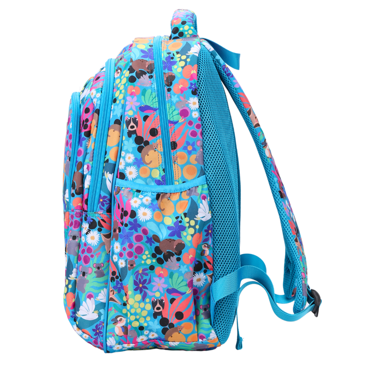 Side view of Australian Animals Large School Backpack Deep side pockets and multiple carry handles