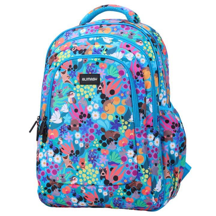 Angled view of Australian Animals Large School Backpack Lightweight yet strong with YKK zips