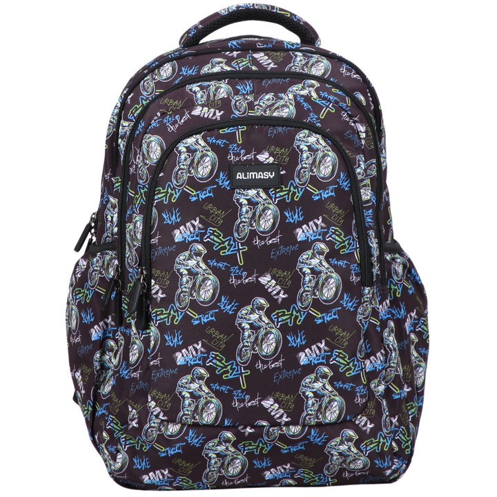 Front view of BMX Large School Backpack. Durable kids backpack with spacious compartments