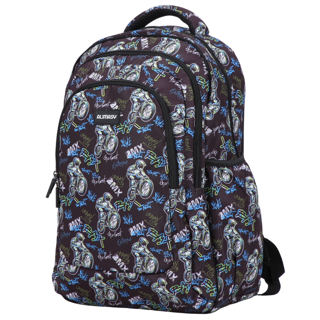 A large school backpack with a BMX bike print in dark blue, featuring multiple compartments, a padded laptop pocket, and ergonomic straps.