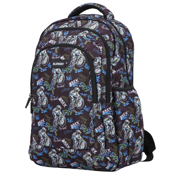 A large school backpack with a BMX bike print in dark blue, featuring multiple compartments, a padded laptop pocket, and ergonomic straps.