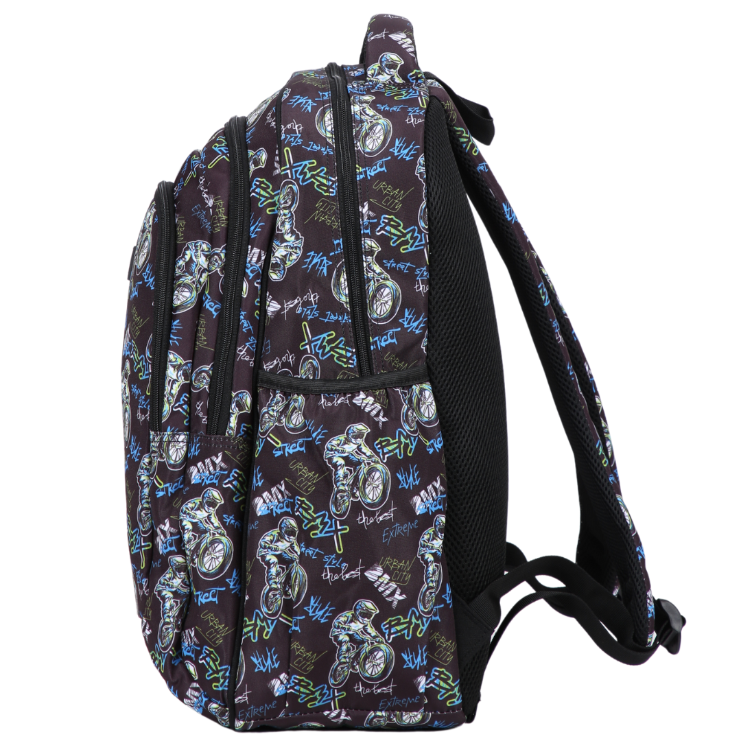 Side view of BMX Large School Backpack. Deep side pockets and multiple carry handles