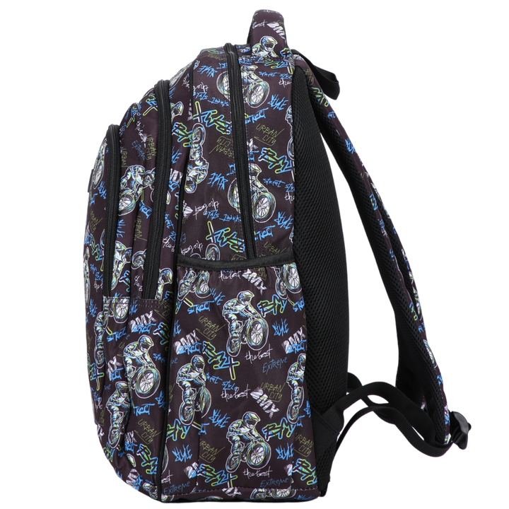 Side view of BMX Large School Backpack. Deep side pockets and multiple carry handles