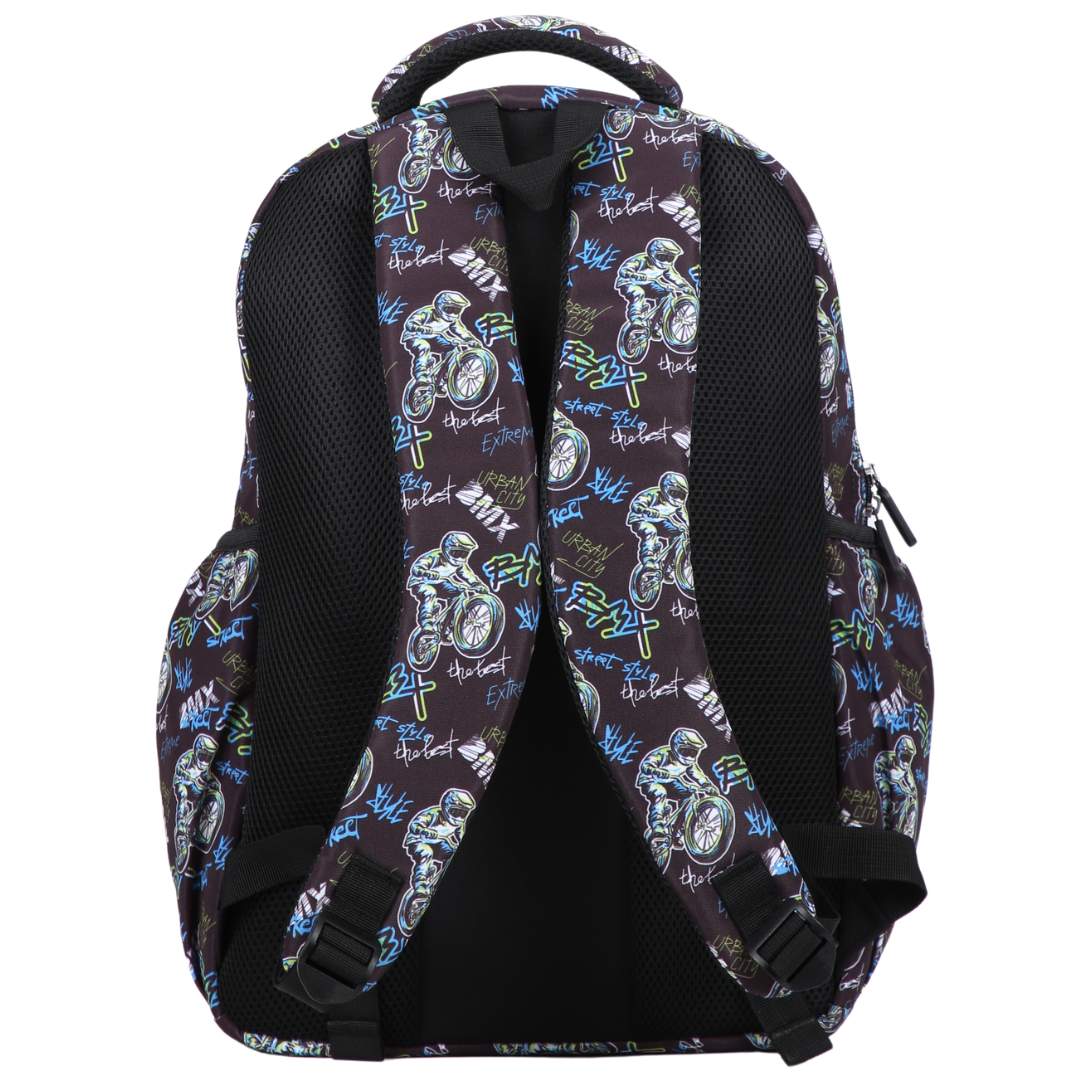 Back view of BMX Large School Backpack. Padded straps and breathable cushions for comfort