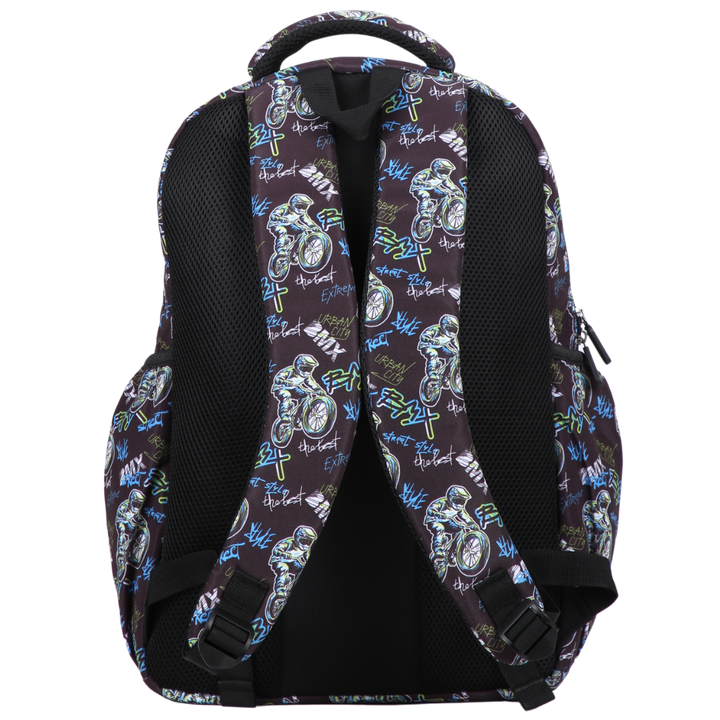 Back view of BMX Large School Backpack. Padded straps and breathable cushions for comfort