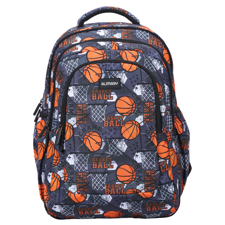 A backpack featuring a basketball print with multiple compartments and a padded shoulder strap.