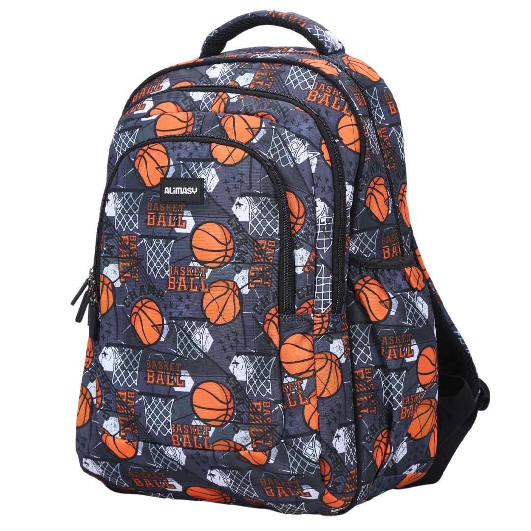Angled view of Basketball Large School Backpack Lightweight yet strong with YKK zips