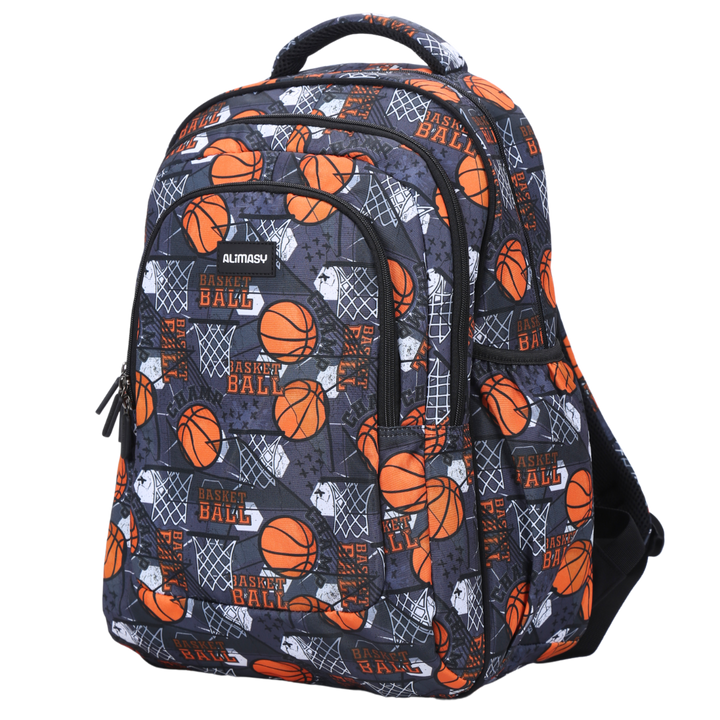 Angled view of Basketball Large School Backpack Lightweight yet strong with YKK zips